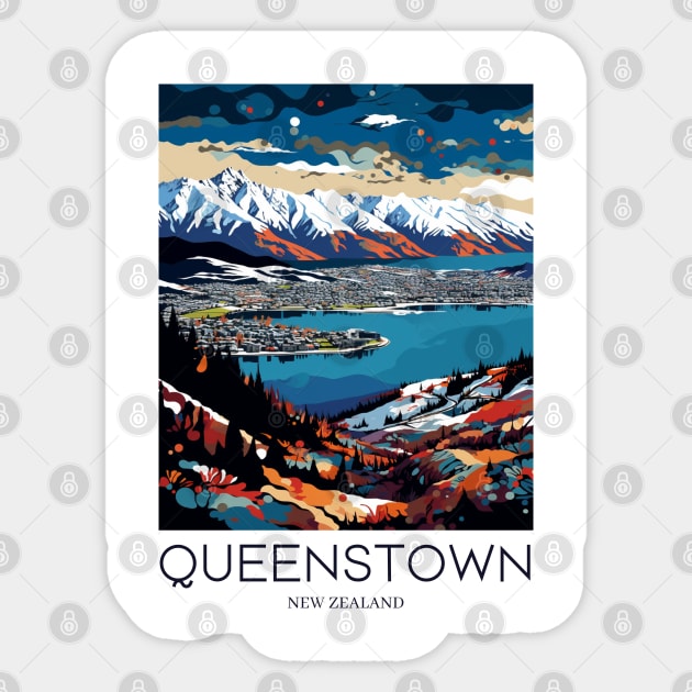 A Pop Art Travel Print of Queenstown - New Zealand Sticker by Studio Red Koala